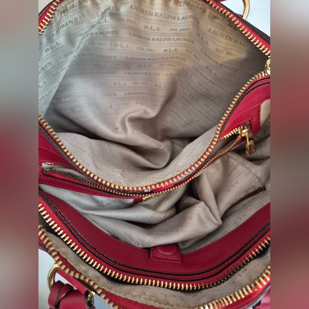 32-CIP RALPH LAUREN RED LEATHER SATCHEL PURSE HANDBAG CROSSBODY STRAP Valentines - Picture 15 of 17